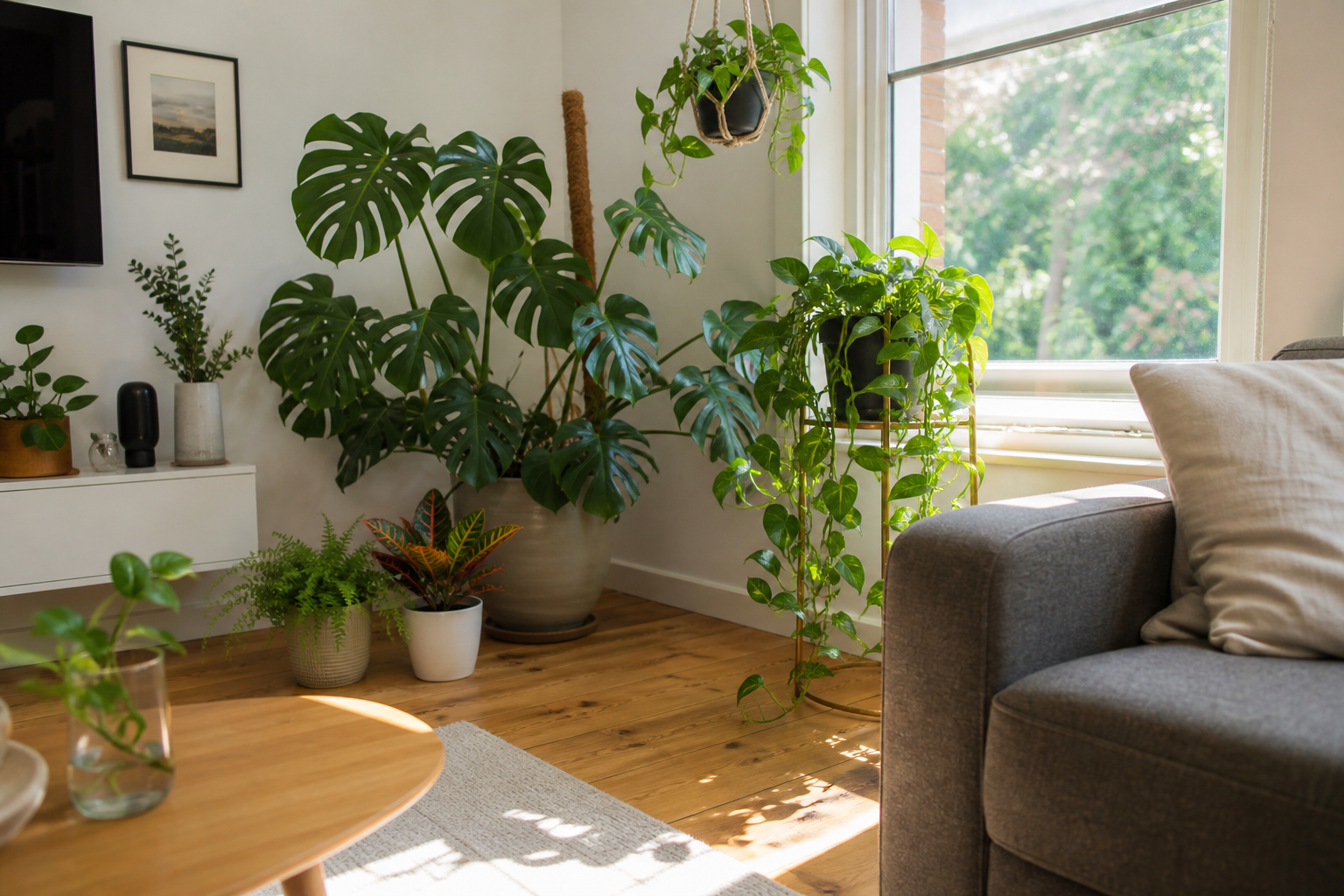 Houseplants in soft daylight beside a large window